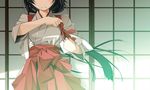  black_hair head_out_of_frame highres japanese_clothes long_hair miko original shikei solo standing tasuki wind 