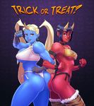 animal_print ass ass-to-ass black_hair blonde_hair blue_oni blue_skin breasts choker clenched_hands dudou earrings fundoshi halloween hand_wraps highres horn horns japanese_clothes jewelry josef_axner leopard_print locked_arms long_hair multiple_girls muscle muscular_female oni pointy_ears rainbow_mika red_oni red_skin short_eyebrows short_hair street_fighter street_fighter_v studded_bracelet thick_thighs thighhighs thighs trick_or_treat twintails underboob very_long_hair yamato_nadeshiko_(street_fighter) 