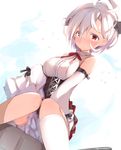  ahoge arm_belt azur_lane bare_shoulders black_skirt bolt breasts center_frills detached_sleeves dutch_angle hair_over_one_eye highres kneehighs knees_together_feet_apart large_breasts looking_at_viewer maosame miniskirt red_eyes red_ribbon ribbon short_hair simple_background single_kneehigh sitting skirt sleeves_past_wrists solo stitches terror_(azur_lane) white_background white_hair white_legwear 