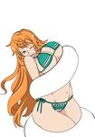  1girl artist_request ass bikini bondage breast_press breasts brown_eyes cleavage curvy female forced hips large_breasts long_hair nami_(one_piece) navel one_eye_closed one_piece orange_hair shiny_skin simple_background solo stomach swimsuit thick_thighs thighs wide_hips 