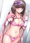  bikini breasts brown_hair cellphone cloak commentary_request fate/grand_order fate_(series) hair_ribbon hairband highres iphone large_breasts long_hair marugoshi_(54burger) navel osakabe-hime_(fate/grand_order) phone purple_eyes ribbon self_shot smartphone smile swimsuit very_long_hair 
