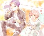  a3! blush comic eating food highres hyodou_juuza ice_cream jacket korou_sakiri kouro_sakiri long_sleeves looking_at_viewer male_focus multiple_boys open_clothes open_jacket pillow pink_hair purple_hair sakisaka_muku sitting spoon yellow_eyes 