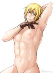  1boy armpit blonde_hair blue_eyes blush dash10 eizen_(tales) gloves male_focus nipples nude solo tagme tales_of_(series) tales_of_berseria 