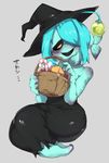  9999gpera anthro basket black_sclera blue_hair candy costume female fish food grey_background hair halloween hat holidays marine shyren simple_background solo undertale video_games witch_hat yellow_eyes 