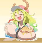  bread_bun breasts closed_eyes drinking drooling food food_on_body highres huge_breasts kobayashi-san_chi_no_maidragon lid long_hair matsu-sensei meat multicolored_hair open_mouth quetzalcoatl_(maidragon) sandwich sitting smile solo two-tone_hair upper_body you're_doing_it_wrong 