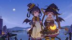  :d ^_^ ^o^ ahoge animal_ears azur_lane baozi bat_wings black_hair brown_hair capelet cat_ears closed_eyes commentary_request eating food halloween halloween_costume highres jack-o'-lantern long_hair mosquito_coils multiple_girls ning_hai_(azur_lane) open_mouth ping_hai_(azur_lane) red_eyes siblings sisters smile striped striped_legwear twintails wings 