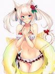  3: animal_ears ass_visible_through_thighs azur_lane bangs bikini bikini_skirt blue_eyes blush closed_mouth commentary_request covering covering_chest cowboy_shot eyebrows_visible_through_hair flower frilled_bikini frills hair_flower hair_ornament hair_rings hammann_(azur_lane) hands_up highres innertube kano_(kanokano44) long_hair looking_at_viewer navel red_bikini red_flower sidelocks silver_hair simple_background solo swimsuit tail tears thigh_gap thighs tsurime twintails white_background white_bikini yellow_innertube 