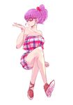  bare_legs bare_shoulders blue_eyes bra_(dragon_ball) crossed_legs dragon_ball eyebrows_visible_through_hair full_body glasses looking_away miiko_(drops7) one_eye_closed ponytail purple_hair simple_background solo tied_hair white_background 