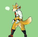  anthro ascot backsack balls boots butt canine clothed clothing footwear fox fox_mccloud fur gloves green_eyes hair jacket looking_at_viewer looking_back male mammal mostly_nude nintendo presenting presenting_hindquarters smile solo speech_bubble standing star_fox tohfu video_games 