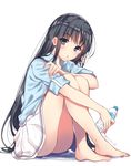  bangs bare_legs black_hair blouse blush bottle braid closed_mouth commentary_request eyebrows_visible_through_hair full_body hair_ribbon highres holding holding_bottle horikita_suzune legs_together lips long_hair looking_at_viewer pleated_skirt purple_eyes ribbon side_braid sidelocks simple_background skirt sleeves_rolled_up solo twitter_username water_bottle white_background white_blouse white_skirt youkoso_jitsuryoku_shijou_shugi_no_kyoushitsu_e yu_yu 