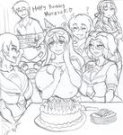  1boy 5girls birthday cake monochrome multiple_girls murasaki_(senran_kagura) senran_kagura 