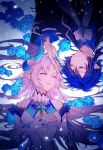  1boy 1girl absurdres bare_shoulders blue_hair chevalier_(elsword) demon elsword eyebrows_visible_through_hair floral_background hand_on_forehead highres ishtar_(elsword) kishi_(2861056838) long_hair luciela_r._sourcream sleeping symbol white_hair 