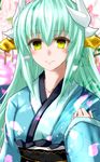  absurdres aqua_hair blue_kimono blurry blurry_background blush commentary_request depth_of_field eyebrows_visible_through_hair fate/grand_order fate_(series) hair_between_eyes highres horns japanese_clothes kimono kiyohime_(fate/grand_order) long_hair long_sleeves looking_at_viewer minarai_tenna obi parted_lips petals sash sleeves_past_wrists smile solo upper_body yellow_eyes 