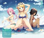  :d aqua_eyes bare_legs barefoot bikini black_hair blonde_hair blue_bikini blue_eyes blue_scrunchie blue_sky breasts brown_eyes cleavage cloud cropped dark_skin day dengeki_moeou diving_mask diving_mask_on_head dutch_angle eyebrows_visible_through_hair fisheye flower frill_trim frilled_bikini frills from_side front-tie_bikini front-tie_top green_bikini hair_flower hair_ornament hair_scrunchie head_wreath kneeling long_hair lossy-lossless low_twintails medium_breasts multiple_girls navel non-web_source open_mouth outdoors petals pink_hair profile red_bikini scrunchie senji_(tegone_spike) short_hair sitting sky small_breasts smile swimsuit toes twintails water wet 