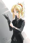  2017 absurdres black_gloves blonde_hair braid cowboy_shot dated dconan_owo eyes_visible_through_hair fate/apocrypha fate_(series) formal french_braid glove_in_mouth glove_pull gloves green_eyes highres long_hair mordred_(fate) mordred_(fate)_(all) mouth_hold ponytail solo suit twitter_username white_background 