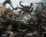  5_fingers cephalopod cthulhu cthulhu_mythos day death detailed_background english_text eyes_closed feral group gun h.p._lovecraft hair hat hi_res human human_focus ignacio_bazan_lazcano lips male mammal marine open_mouth outside ranged_weapon tentacles text war weapon 