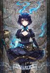  alice_(sinoalice) bangs belt black_gloves black_legwear blue_hair breasts chain checkered cleavage cleavage_cutout copyright_name crescent dress elbow_gloves floating floating_object frilled_dress frills garter_straps gem gloves hachi_tsudzuri hairband heart looking_at_viewer medium_breasts parted_lips puffy_short_sleeves puffy_sleeves red_eyes roman_numerals short_hair short_sleeves single_glove sinoalice solo standing sword thighhighs turtleneck weapon 