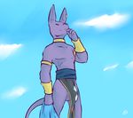  anthro balls beerus bulge cat clothed clothing dragon_ball dragon_ball_super dragon_ball_z ear_piercing feline loincloth long_ears looking_at_viewer looking_down male mammal mostly_nude outside pants pecs piercing smile solo squint tohfu topless yellow_eyes 