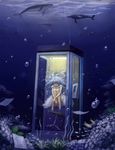  blue_hair bubble dress fish floating floating_hair highres humpback_whale l-tao long_hair manta_ray notebook original paper pen phone phone_booth shark solo stool underwater whale white_dress 