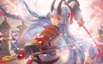 armor backlighting blue_hair cherry_blossoms dual_wielding fate/grand_order fate_(series) fighting_stance headband highres holding horns japanese_armor katana light_particles long_hair looking_at_viewer naginata oni_horns petals polearm red_eyes saihate_(d3) solo stone_lantern sword tomoe_gozen_(fate/grand_order) upper_body weapon 