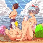  2boys bare_chest bare_legs bare_shoulders barefoot beach black_eyes black_hair blue_eyes blue_hair book bra_(dragon_ball) brother_and_sister cloud cup day dragon_ball drinking eyebrows_visible_through_hair facing_away family father_and_daughter father_and_son hair_ribbon looking_at_viewer looking_away lying miiko_(drops7) multiple_boys outdoors ponytail profile purple_hair reading ribbon serious siblings sitting sky swimsuit tank_top trunks_(dragon_ball) vegeta 