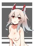  :o ayanami_(azur_lane) azur_lane blue_hair blush breasts collarbone eyebrows_visible_through_hair gradient_hair grey_background highres long_hair medium_breasts multicolored_hair nezuko nipples nude open_mouth ponytail red_eyes sidelocks silver_hair solo two-tone_background upper_body 