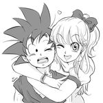 1girl ;d age_difference black_eyes bra_(dragon_ball) bracelet character_name dougi dragon_ball dragon_ball_gt earrings eyebrows_visible_through_hair greyscale hair_ribbon heart hug hug_from_behind jewelry looking_at_another looking_at_viewer miiko_(drops7) monochrome nervous one_eye_closed open_mouth ribbon smile son_gokuu spiked_hair 