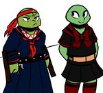  2017 anthro bandanna blue_eyes clothed clothing crossdressing duo green_eyes hands_behind_back holding_object holding_weapon inkyfrog legwear leonardo_(tmnt) male midriff nightstick raphael_(tmnt) reptile ribbons sai scalie scarf school_uniform shell simple_background skirt standing teenage_mutant_ninja_turtles thigh_highs turtle uniform weapon white_background 