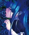  bangs blue_eyes blue_flower blue_hair blue_rose dress eyes_visible_through_hair flower frederica_bernkastel frills leaf licking long_hair long_sleeves looking_at_viewer natsumi_kei official_art open_mouth puffy_long_sleeves puffy_sleeves rose sexually_suggestive solo tongue tongue_out umineko_no_naku_koro_ni yonic_symbol 