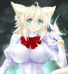  absurdres ahoge blonde_hair blue_eyes blurry blurry_background blush breasts bug butterfly butterfly_on_hand commentary_request depth_of_field eyebrows_visible_through_hair gloves hair_between_eyes hair_intakes hand_up highres insect juliet_sleeves large_breasts long_hair long_sleeves looking_at_viewer minarai_tenna neck_ribbon original parted_lips puffy_sleeves red_neckwear red_ribbon ribbon shirt short_hair smile tail upper_body white_gloves white_shirt 