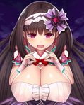  asamura_hiori bad_anatomy bad_proportions bangs blush breasts brown_hair cleavage eyebrows_visible_through_hair fate/grand_order fate_(series) fingerless_gloves gloves hair_ornament hands_up highres huge_breasts long_hair looking_at_viewer nervous_smile nipples open_mouth osakabe-hime_(fate/grand_order) purple_eyes see-through sidelocks smile solo tears upper_body very_long_hair white_gloves 