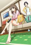  absurdres apron bare_legs barefoot blue_(pokemon) brown_eyes brown_hair bulbasaur commentary_request controller cookie couch crossed_legs feet food food_in_mouth full_body gen_1_pokemon hands_on_hips highres indoors jii_(seiga7099526) lapras living_room long_hair magikarp marill mother_(pokemon) mother_and_daughter multiple_girls pajamas pokemon pokemon_(creature) pokemon_(game) pokemon_frlg pokemon_rgby remote_control sitting sleeping slippers stuffed_toy themed_object toes 