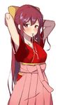  absurdres armpits arms_behind_head arms_up bow brown_hair cowboy_shot dymao hair_bow hair_tie hair_tie_in_mouth hakama highres japanese_clothes kamikaze_(kantai_collection) kantai_collection kimono long_hair mouth_hold pink_hakama red_eyes red_kimono simple_background solo tasuki white_background yellow_bow 