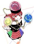  :p black_shirt chain clothes_writing earth_(ornament) gold_chain hat hecatia_lapislazuli long_hair makotono_(makotono_00) moon_(ornament) multicolored multicolored_clothes multicolored_skirt off-shoulder_shirt plaid plaid_skirt polos_crown red_eyes red_hair shirt simple_background sketch skirt smile solo t-shirt tongue tongue_out touhou 