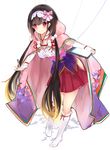  bad_id bad_pixiv_id black_hair blush breasts brown_hair cloak fate/grand_order fate_(series) gradient_hair hair_bobbles hair_ornament hair_ribbon hairband highres hood hood_down hooded_cloak itohime large_breasts leaning_forward long_hair looking_at_viewer low_twintails multicolored_hair osakabe-hime_(fate/grand_order) purple_eyes purple_skirt ribbon skirt smile socks solo stylus tablet_pc twintails very_long_hair white_legwear 