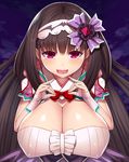  asamura_hiori bad_anatomy bad_proportions bangs blush breasts brown_hair cleavage commentary_request eyebrows_visible_through_hair fate/grand_order fate_(series) fingerless_gloves gloves hair_ornament hands_up highres huge_breasts long_hair looking_at_viewer nervous_smile open_mouth osakabe-hime_(fate/grand_order) purple_eyes sidelocks smile solo tears upper_body very_long_hair white_gloves 