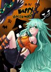  bat_wings broom capelet date_a_live from_side frown green_eyes green_hair halloween hat highres holding holding_broom kneehighs long_hair looking_at_viewer natsumi89 natsumi_(date_a_live) navel solo striped striped_legwear thighhighs very_long_hair wings witch_hat 