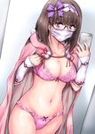  bangs bikini bra breasts brown_hair cellphone cloak collarbone commentary_request cowboy_shot eyebrows_visible_through_hair fate/grand_order fate_(series) frilled_bra frilled_panties frills glasses hair_ribbon hairband hands_up highres indoors iphone large_breasts long_hair marugoshi_(54burger) mask medium_breasts navel osakabe-hime_(fate/grand_order) panties phone pink_bra pink_panties pom_pom_(clothes) purple-framed_eyewear purple_eyes ribbon self_shot semi-rimless_eyewear sidelocks smartphone smile surgical_mask swimsuit thighs under-rim_eyewear underwear underwear_only very_long_hair 
