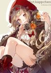  :d absurdres ass bangs belt belt_buckle blonde_hair blush boots bow breasts buckle character_name claw_pose copyright_name cross-laced_footwear dress g-buri german grey_background hair_bow head_tilt highres hood knees_up little_red_riding_hood_(sinoalice) lock long_hair long_sleeves looking_at_viewer open_mouth orange_eyes red_footwear red_hood round_teeth silhouette simple_background sinoalice small_breasts smile solo teeth 