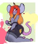  &lt;3 2017 anthro big_ears blush breasts buckteeth clothed clothing clothing_lift embarrassed female freckles hair hi_res kneeling mammal mouse multicolored_hair nipples overalls piercing rodent simple_background small_breasts solo teeth thepolygonheart two_tone_hair 