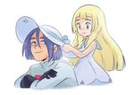  1girl blonde_hair borrowed_garments braid closed_mouth commentary crossed_arms dress hat hat_removed headwear_removed highres kiana_mai kojirou_(pokemon) lillie_(pokemon) long_hair looking_at_another pokemon pokemon_(anime) pokemon_sm_(anime) purple_hair smile sun_hat trait_connection twin_braids 