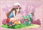  absurdres bag blue_(pokemon) brown_eyes brown_hair bulbasaur commentary_request full_body gen_1_pokemon grass hat highres jii_(seiga7099526) pokemon pokemon_(creature) pokemon_(game) pokemon_frlg red_skirt shirt skirt sleeveless sleeveless_shirt smile squatting squirtle sun_hat tree watering_can 