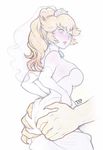  1girl antiheld ass ass_grab bare_shoulders blonde_hair blue_eyes blush bowser dress highres long_hair mario_(series) princess_peach smile super_mario_bros. super_mario_odyssey tiara wedding_dress white_background 