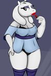  anthro boss_monster bra breasts camel_toe caprine cleavage clothed clothing eyeshadow female fur goat hand_on_hip horn knee_socks legwear lipstick looking_at_viewer makeup mammal monohors3 panties purple_background simple_background socks solo thick_thighs toriel undertale underwear video_games white_fur 