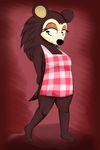  abstract_background animal_crossing anthro apron breasts brown_fur clothed clothing female freckles fur hedgehog looking_down mammal monohors3 nintendo sable_able slightly_chubby solo video_games 