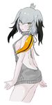  akari04 arms_at_sides back backless_dress backless_outfit bangs bare_arms bare_back bare_legs bare_shoulders black_hair breasts closed_mouth cowboy_shot drawstring dress from_side green_eyes grey_hair grey_sweater hair_between_eyes halterneck highres kemono_friends light_smile long_hair looking_at_viewer low_ponytail medium_breasts meme_attire multicolored_hair naked_sweater orange_hair pale_skin ribbed_sweater shoebill_(kemono_friends) side_ponytail sideboob simple_background sleeveless sleeveless_dress sleeveless_turtleneck solo sweater sweater_dress tsurime turtleneck turtleneck_sweater virgin_killer_sweater white_background 