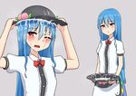  bare_arms black_hat blue_hair blue_skirt bow bowtie bukkake commentary_request cum cum_on_hair facial food fruit grey_background hair_between_eyes hat hat_basket hat_removed headwear_removed hinanawi_tenshi holding holding_hat long_hair looking_at_viewer multiple_views one_eye_closed peach red_eyes red_neckwear shirt short_hair simple_background skirt touhou white_shirt wing_collar zakku_(kya--193) 