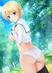  absurdres ass banned_artist blonde_hair blue_eyes blush braid breasts closed_mouth cowboy_shot darjeeling day dutch_angle enty_reward eyebrows_visible_through_hair from_behind girls_und_panzer hair_bun hand_on_own_shoulder highres huge_filesize lace lace-trimmed_panties large_breasts looking_at_viewer n.g. nipples no_bra outdoors paid_reward panties perky_breasts sailor_collar sailor_shirt school_uniform serafuku shirt shirt_lift short_hair skirt skirt_pull smile solo underwear white_panties 