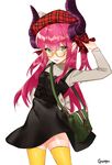  absurdres artist_name bangs beret blue_eyes chungu cowboy_shot dress elizabeth_bathory_(fate) elizabeth_bathory_(fate)_(all) eyebrows_visible_through_hair fate/extra fate/extra_ccc fate_(series) glasses hair_between_eyes hat highres horns long_hair looking_at_viewer pinafore_dress plaid purple_hair signature simple_background smile solo thighhighs tongue tongue_out two_side_up white_background yellow-framed_eyewear yellow_legwear zettai_ryouiki 