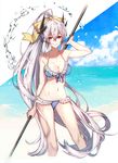  ass_visible_through_thighs bikini blue_bikini bow breasts chromatic_aberration cleavage collarbone cropped_legs fate/grand_order fate_(series) frilled_bikini frills front-tie_top groin hair_between_eyes hair_bow hanakeda_(hanada_shiwo) high_ponytail holding holding_weapon horns kiyohime_(fate/grand_order) long_hair looking_at_viewer medium_breasts navel polearm ponytail red_eyes silver_hair smile solo swimsuit very_long_hair water weapon wet yellow_bow 